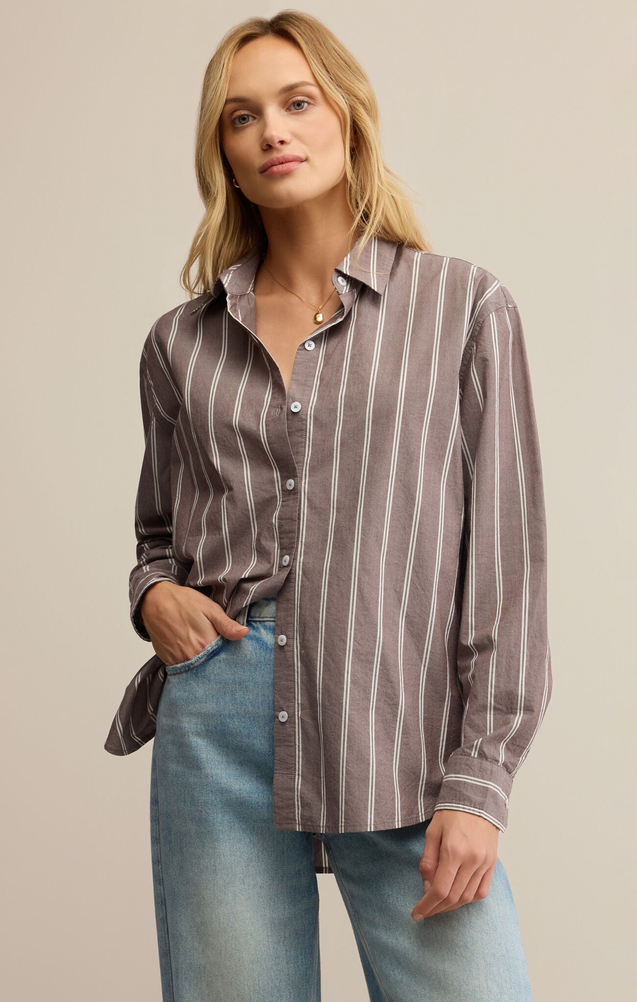 Seaport Striped Poplin Shirt - Sandalwood